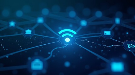 A glowing wifi symbol connects digital homes
