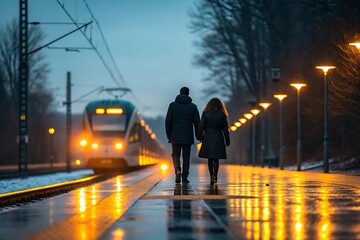 Couple Walking on Wet Train Platform at Night with Approaching Train