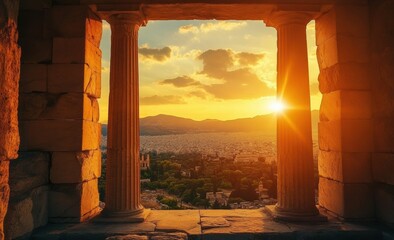 Fototapeta premium The columns, remnants of ancient Greek civilization, rise proudly against the expansive landscape and sunset, symbolizing the lasting grandeur of this historical culture.