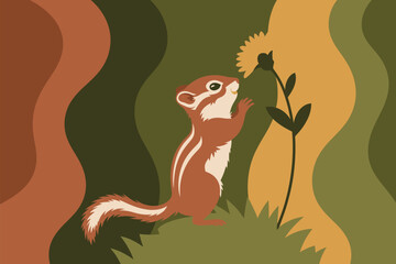 Charming chipmunk gracefully reaches for a sunflower in a whimsical forest setting, creating a delightful natural scene.