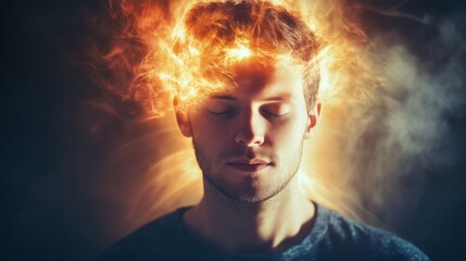 A young man sits with eyes closed, surrounded by bright, fiery energy emerging from his head, symbolizing a powerful mental experience or epiphany.