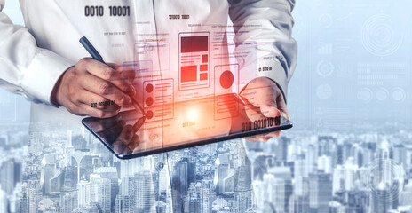 UI UX mockup showing application layout, structure, and code interface. UI design defines user...