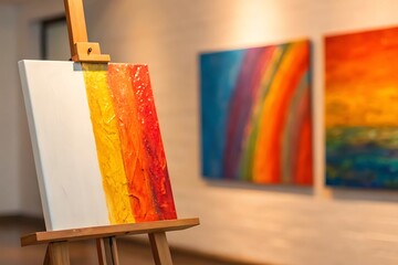Modern Abstract Painting on Easel in Art Gallery Close-Up