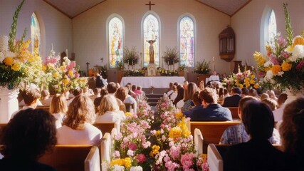 Interior of a church filled with rows of pews and vibrant floral arrangements surrounding the altar, during a special religious event.