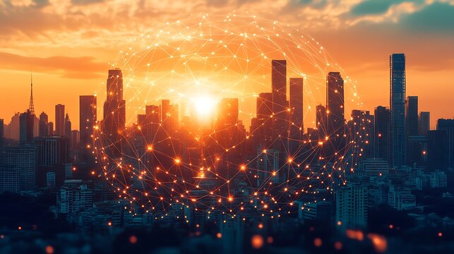 Global network connecting a city at sunset.