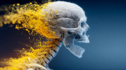 Abstract human skull with colorful particles in dynamic flow  