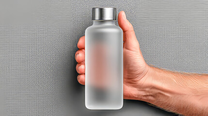 Hand holding a frosted glass water bottle on gray background  