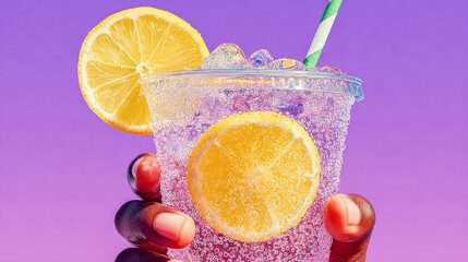 Refreshing lemon soda with ice in clear cup against purple background  