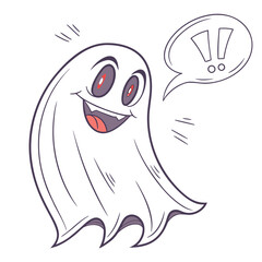 A cartoon ghost with red eyes and a speech bubble containing exclamation marks on a white background