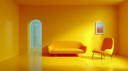 Bright yellow living room with modern furniture and door  
