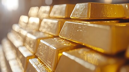 Gold bars stacked in a pyramid shape.