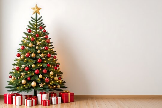 Decorated christmas tree with presents against white wall and wood floor