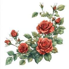 watercolor illustration of red roses and green leaves on a white background, forming a beautiful floral arrangement