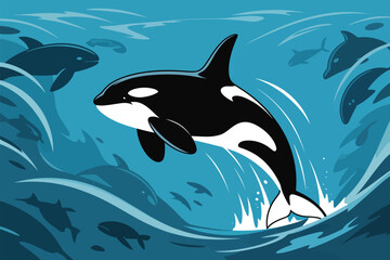 Obraz premium Orca pod surfaces in the ocean water, a playful illustration of killer whales jumping out of the sea with blue waves.