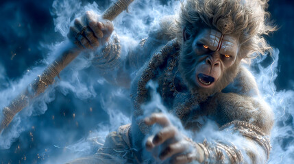 Fierce monkey god wielding a staff amidst swirling blue mist  