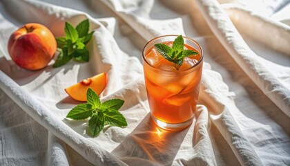 Minimalist flat lay of a pastel peach iced tea glass with mint leaves garnish and con 