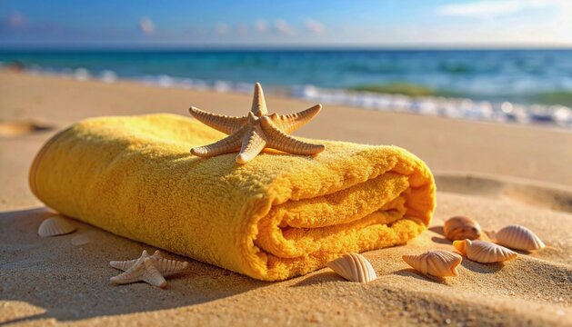 Close-up of pastel yellow beach towel partially rolled on warm sand - Powered by Adobe
