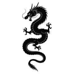 Obraz premium Majestic flying dragon silhouette with spread wings, mythical fantasy creature design perfect for tattoos, logos, vector art, and posters
