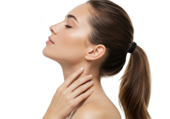 A womans serene profile, showcasing her flawless skin and healthy glow isolated on transparent background
