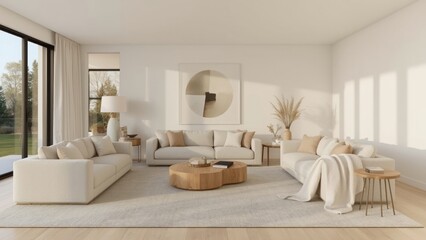 A bright, modern living room with beige sofas, wooden tables, and natural light.