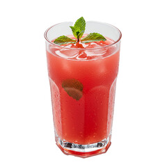 Refreshing watermelon juice in a glass with ice and mint on a white background  