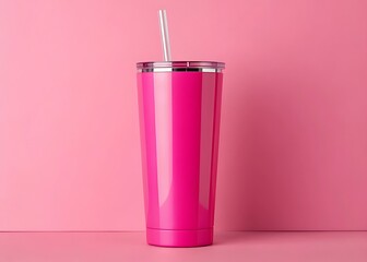 Vibrant Hot Pink Tumbler with Straw on Pink Background Product Shot