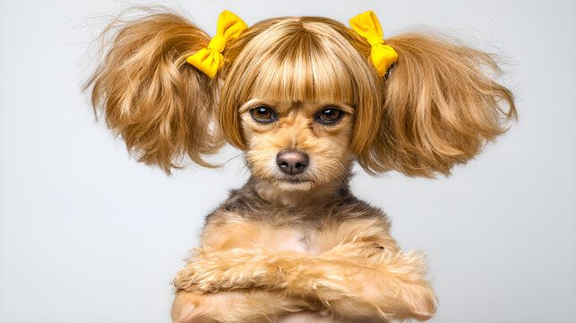 Grumpy dog with blond wig and yellow bows posing with crossed paws