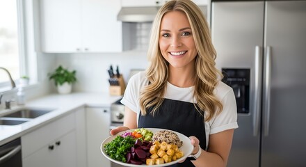 Smiling woman in a modern kitchen holding a plate of healthy, colorful food.