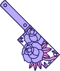 iconic tattoo style image of a cleaver and flowers in bright neon color