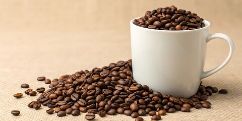 Roasted Coffee Beans Spilled from White Mug on Burlap