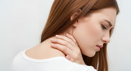 Fototapeta premium Young woman experiencing neck pain, holding her sore neck with a pained expression.