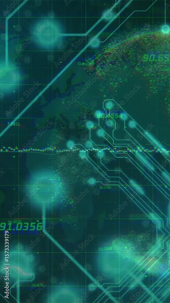 Poster animation of network of connections and data processing with circuit board over globe