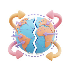 3D concept of a divided globe with arrows symbolizing global connection and trade. Isolated on transparent background, png