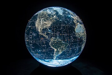 Illuminated rotating globe showcasing Earth's city lights at night.