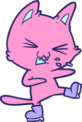 cartoon cat hissing wearing big boots in bright neon color