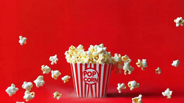 Popcorn Burst from Striped Container &ndash; Playful Snack Scene with Flying Kernels and Solid Red Motion Background
