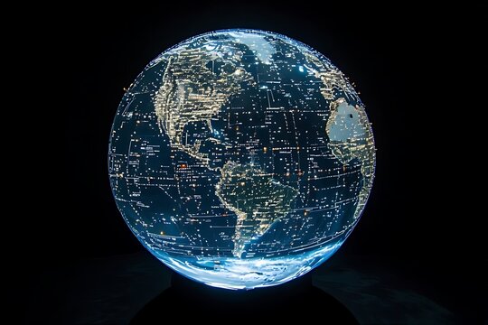 Illuminated rotating globe showcasing Earth's city lights at night.