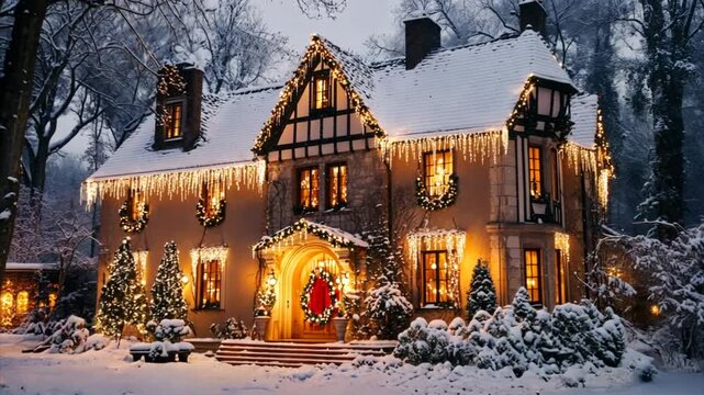 French style house decorated and illuminated for Christmas and New Year. City mansion in winter park covered with snow 
