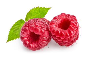 Raspberries with green leaves. Natural oganic healthy food ripe fruit, isolated on white background.