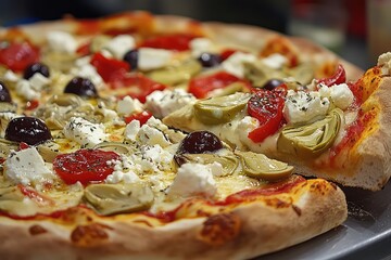 A vibrant Mediterranean pizza with artichokes, olives, and feta, showcasing a slice being pulled away