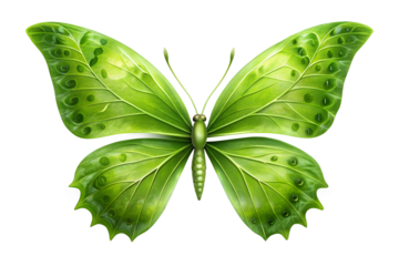 A vibrant green butterfly with intricately patterned wings rests gracefully against a white backdrop isolated on transparent background