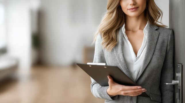 Elegant woman holding clipboard in softly lit room symbolizing professionalism, home inspection and modern real estate consultation, Generative AI