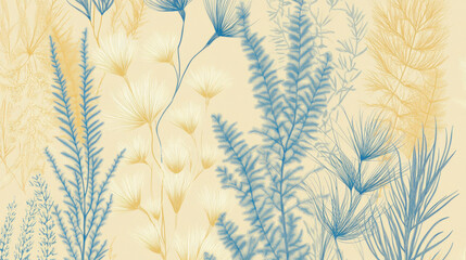Delicate seamless vintage garden pattern featuring pastel botanical illustrations of blue and yellow foliage and flowers on soft beige background, evoking serene and elegant atmosphere