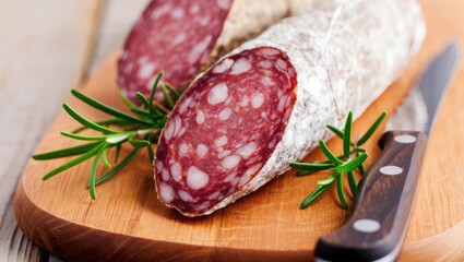Cured sausage with rosemary and knife salami wooden board