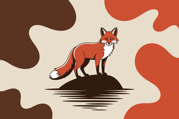 Obraz premium Fox standing on a rock in a river with beige, brown, and orange shapes in the background.