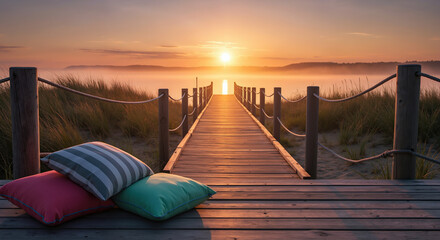 Obraz premium Wooden boardwalk with colorful pillows leading to sunset over water. Romantic pathway and relaxation spot for vacation getaway and waterfront dining experiences