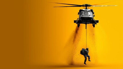 Special forces soldier rappelling from military helicopter against yellow background symbolizing tactical action, urgency and vertical deployment, Generative AI