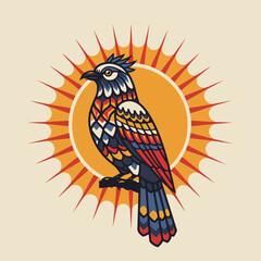 Fototapeta premium Decorative illustration with colorful bird against sun graphic. Decorative illustration, a colorful bird design, showcases ornate plumage against striking sun backdrop, enhancing visual appeal.
