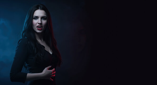 Woman with vampire fangs in black outfit against dark moody background. Gothic character and halloween costume for horror entertainment and supernatural themed events