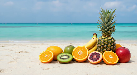 Fresh tropical fruits arranged on sandy beach with turquoise ocean backdrop. Healthy eating and summer nutrition for beach vacation and coastal dining